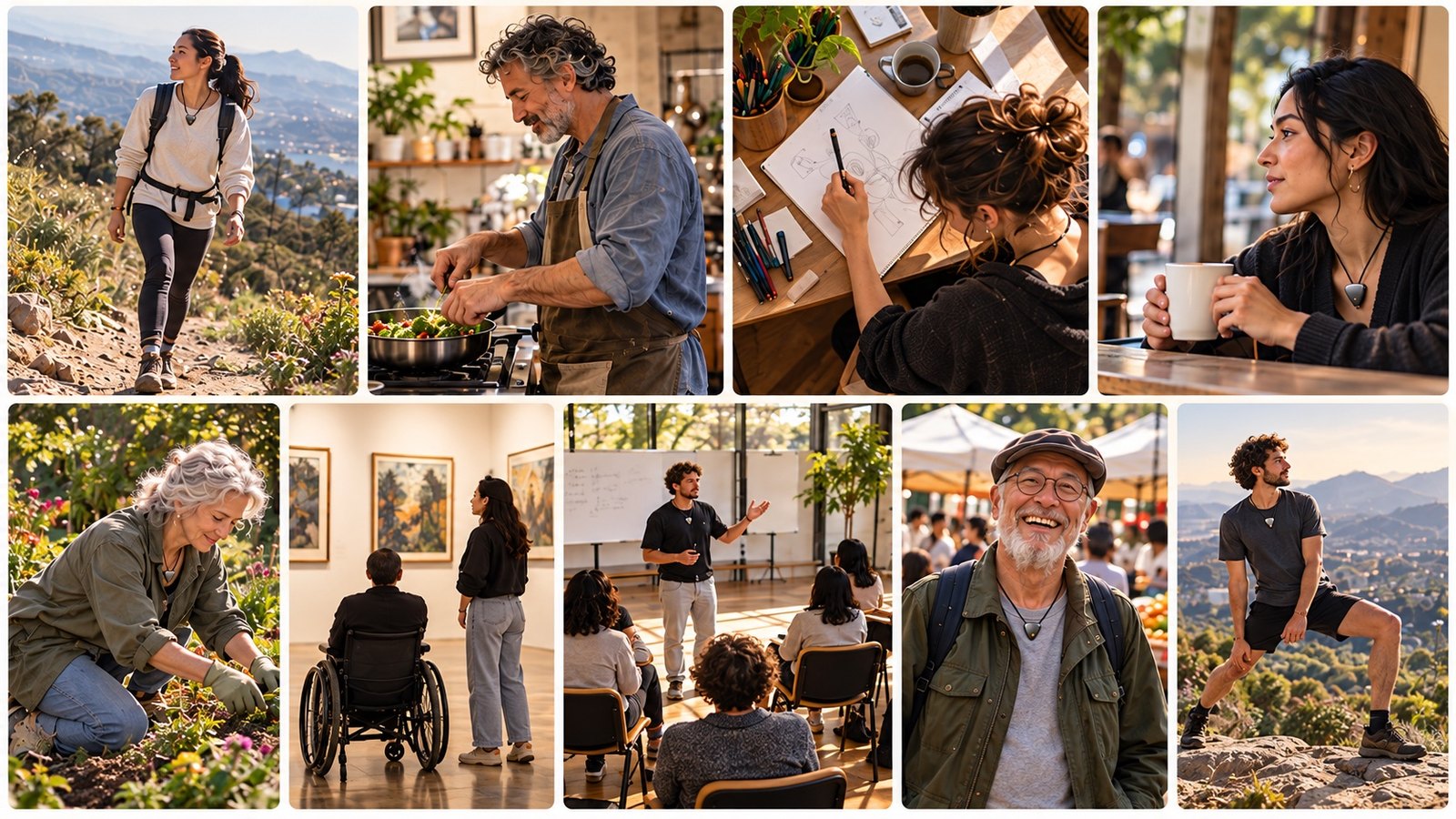 Nine scenes of people wearing Tombi: hiking, cooking, drawing, enjoying a café, gardening, visiting a gallery, attending a seminar, exploring a market, and stretching outdoors